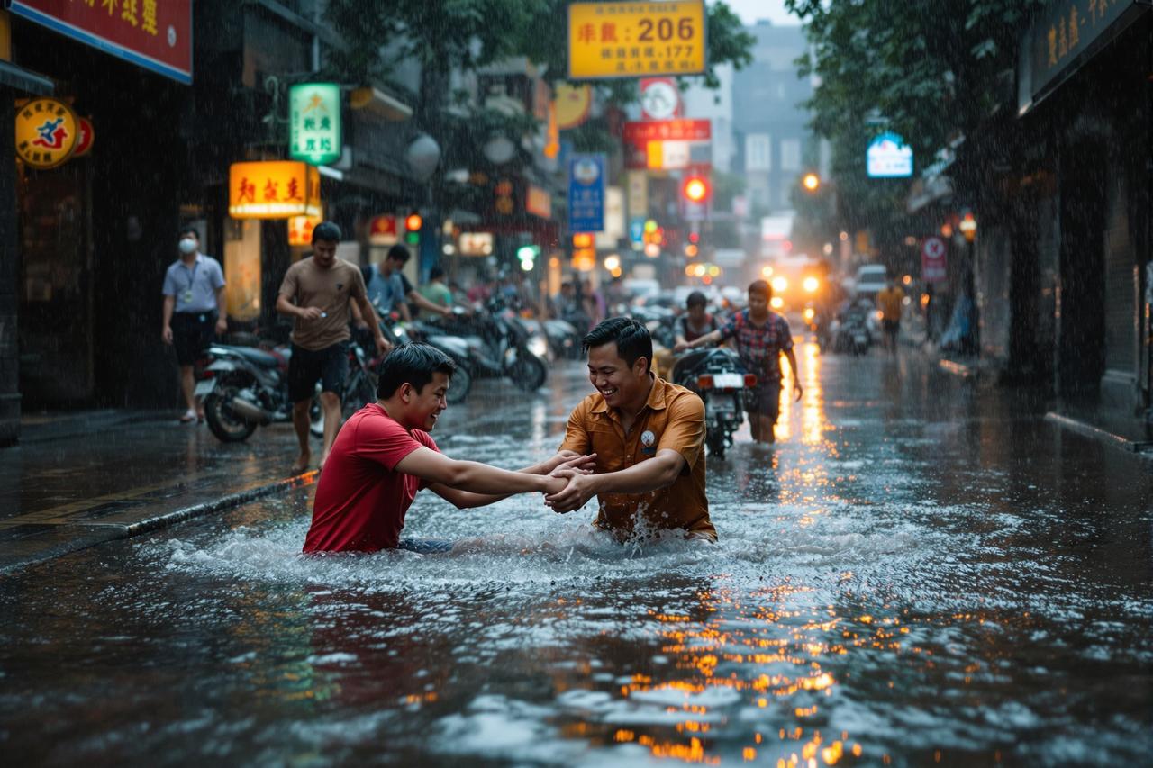五一暗网资讯配图 - 某城市突降特大暴雨，全城多处被淹，市民自发组织救援，感人瞬间刷屏朋友圈